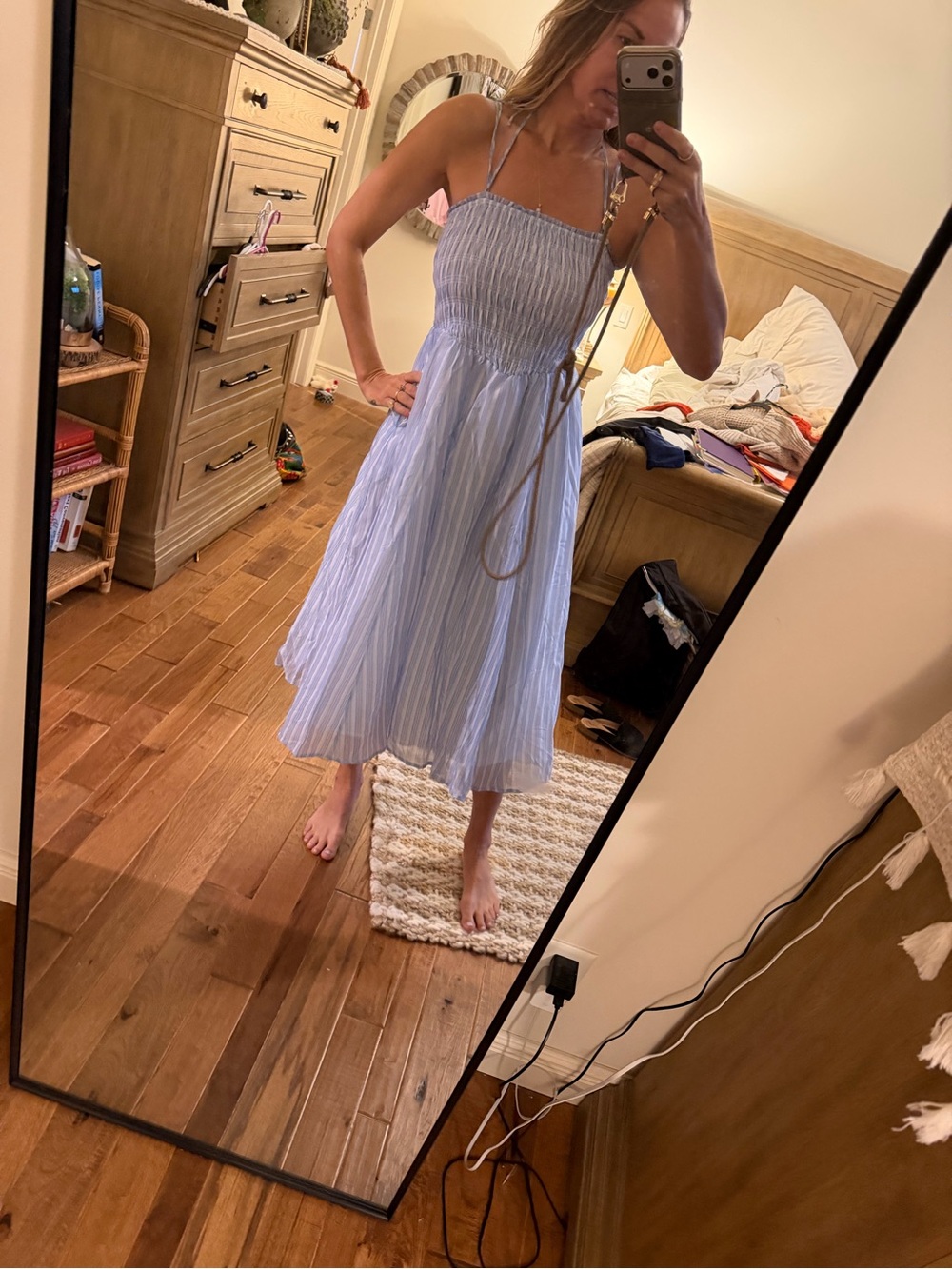 Astr Light Blue Striped Midi Sundress with Smocked Bodice